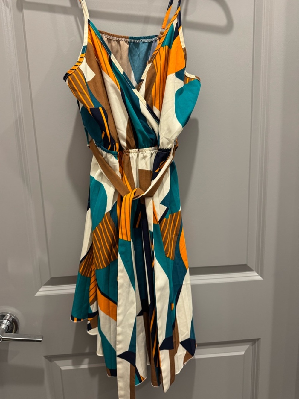 Women's Teal Brown and Mustard Print Dress with belt tie